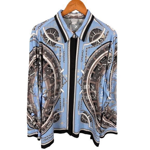 Chico's Shirt Blouse Women's Size 20/22 Blue Compass Zodiac Prague Astronomical - Picture 1 of 12
